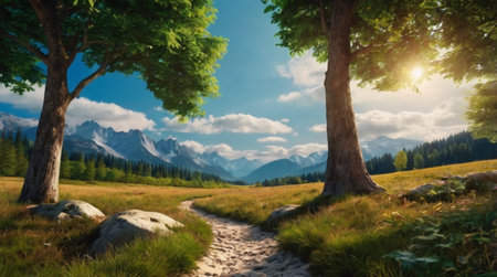 Panoramic view of a path through a meadow in the mountains