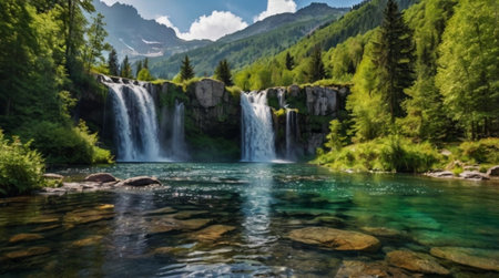 Waterfall in the mountains. Beautiful summer landscape with a waterfall in the mountains.の写真素材