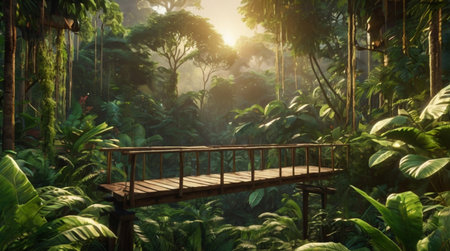 Wooden bridge in the jungle, 3d rendering. Computer digital drawing.