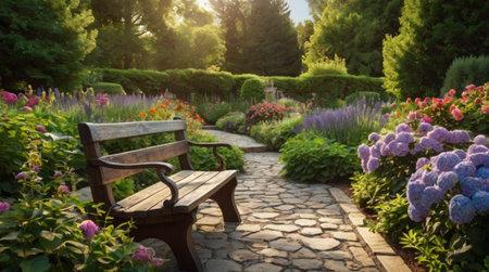 Wooden bench in the garden with blooming flowerbeds.の写真素材