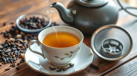 Cup of tea and teapot on wooden table, closeup