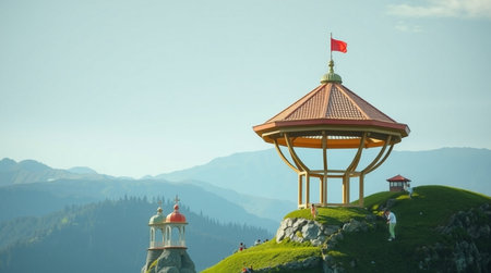 Pavilion on the top of the mountain with a red flagの写真素材