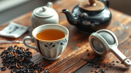 Teapot and cup of black tea on wooden table, closeupの写真素材