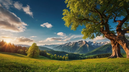 Beautiful summer landscape with a big tree in the foreground and mountains in the backgroundの写真素材