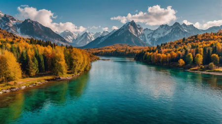 Beautiful panoramic view of the lake and mountains in autumnの写真素材