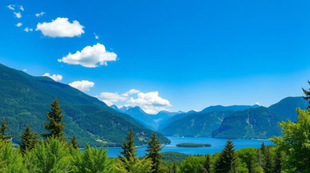 Panoramic view of the lake in the mountains. Summer landscape.の写真素材