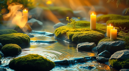 Burning candles on green moss in a pond with water and stonesの写真素材