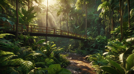 Bridge over the river in a tropical forest. 3d rendering.