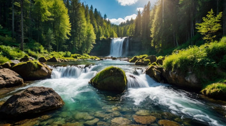Waterfall in the mountains of the Ukrainian Carpathians. Beautiful summer landscape.の写真素材