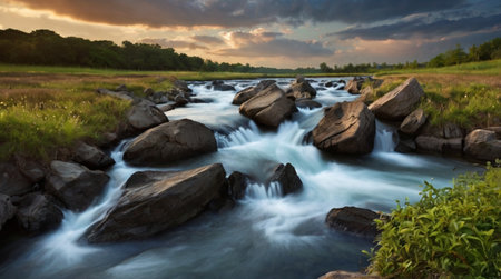 Long exposure of a stream flowing through a green meadow at sunsetの写真素材