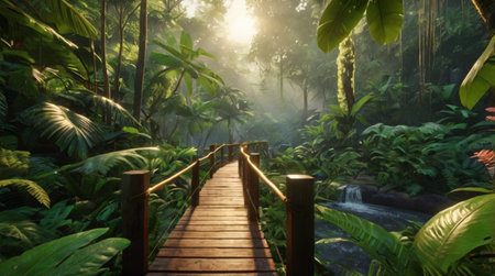 Wooden walkway in tropical rainforest with green plants and sunlightの写真素材