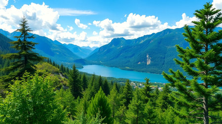 Panoramic view of the lake in the mountains. Summer landscape.