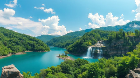 Panoramic view of a beautiful lake with surrounding mountains and lush greeneryの写真素材