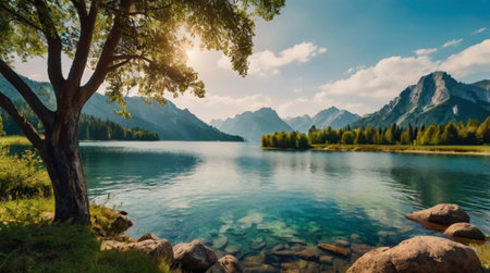 Mountain lake in the Alps. Panoramic view of the mountain lake.の写真素材