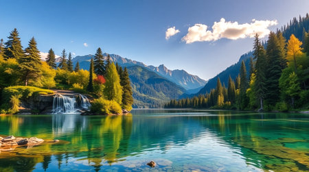 Autumn alpine lake with reflection of the mountains in the water