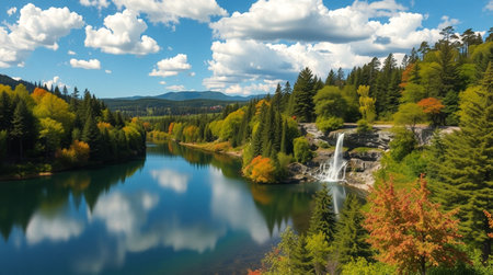 Waterfall in the autumn forest. Panoramic view of the lake.の写真素材