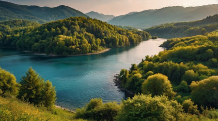 Panoramic view of the river and mountains in the morning.の写真素材