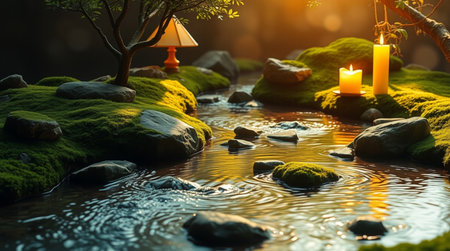 Burning candles in a small stream of water with green moss.の写真素材