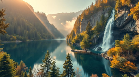Autumn alpine landscape with waterfalls and forest on the lake.