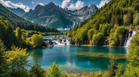 Panoramic view of beautiful turquoise water of emerald lake in Alpsの写真素材