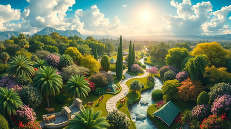 Aerial view of beautiful garden in the morning.3d renderingの写真素材