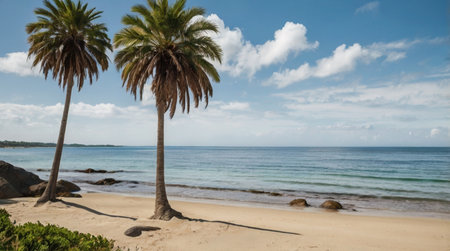 Tropical beach with palm trees and blue sky with white cloudsの写真素材