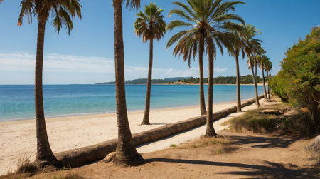 Palm trees on the beach in Costa Brava, Catalonia, Spainの写真素材