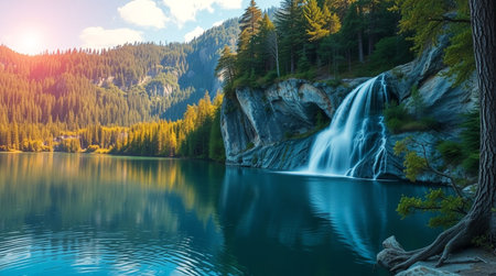 Beautiful alpine lake with a waterfall in the mountains at sunsetの写真素材
