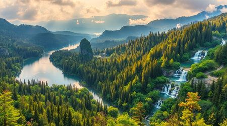 Mountain landscape with river and forest. Panoramic view.の写真素材