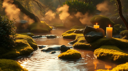 Mossy stones and candles on the water in a small pond