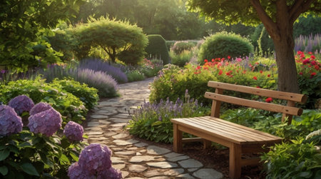 Beautiful garden with bench and blooming lavender flowers in summer