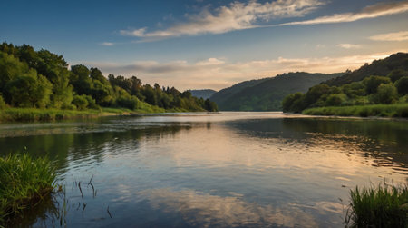 Beautiful landscape of the river and forest at sunset in the summer