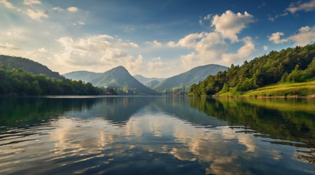 Beautiful summer landscape with lake and mountains reflected in water. Panoramic view.の写真素材