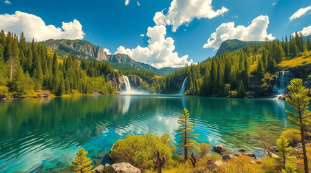 Fantastic panorama of turquoise lake in the mountainsの写真素材
