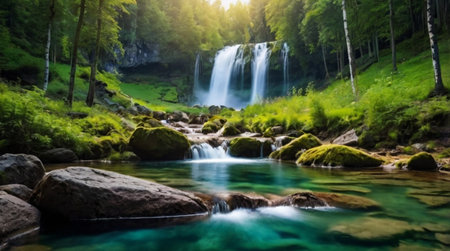 Waterfall in the forest. Beautiful landscape with a waterfall in the forest.の写真素材