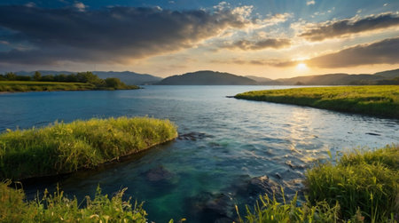 Sunset over the river in the mountains. Panoramic view.の写真素材