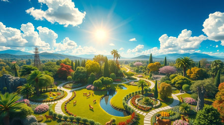 Fantasy landscape design. Panoramic view of the beautiful garden.の写真素材