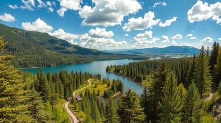 Panoramic view of the lake in the Carpathian mountainsの写真素材