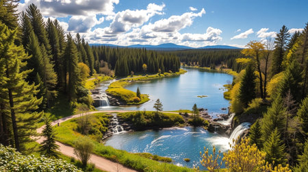 Panoramic view of beautiful lake and waterfall in the mountains.