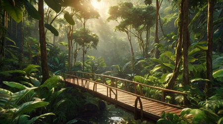 Wooden bridge in the tropical jungle. 3D Rendering.