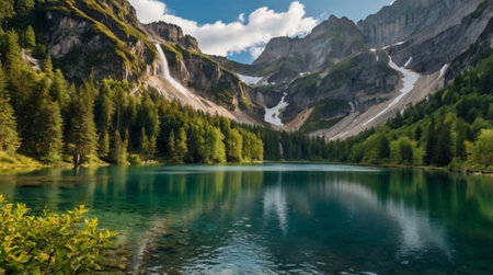 Panoramic view of beautiful alpine lake in Dolomites, Italy
