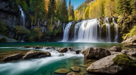 Waterfall in the autumn forest. Beautiful waterfall in the mountains.