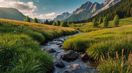 Panoramic view of alpine meadow and mountain stream in summerの写真素材