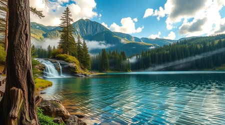 Mountain lake with clear water and reflections in the water. Beautiful nature landscape.の写真素材