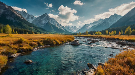Panoramic view of the mountain river.
