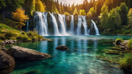 Waterfall in the forest at sunset. Beautiful natural landscape with waterfall.の写真素材