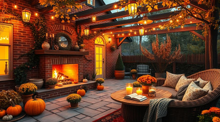 3D rendering of a cozy terrace with a fireplace and autumn decorationsの写真素材