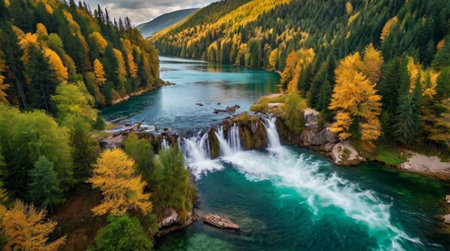 Aerial panoramic view of a beautiful waterfall in autumn forestの写真素材
