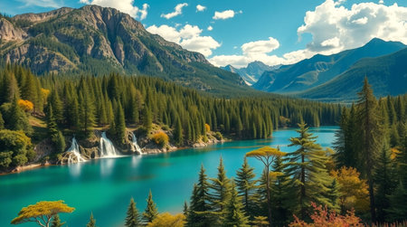 Panoramic view of beautiful turquoise lake in the mountainsの写真素材