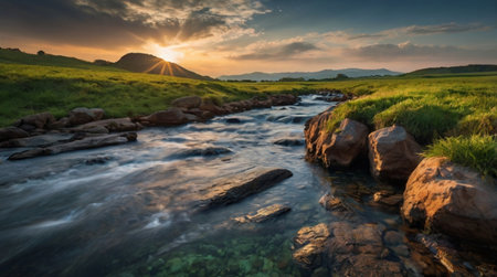 Beautiful sunset over a small mountain river with rocks in the foregroundの写真素材